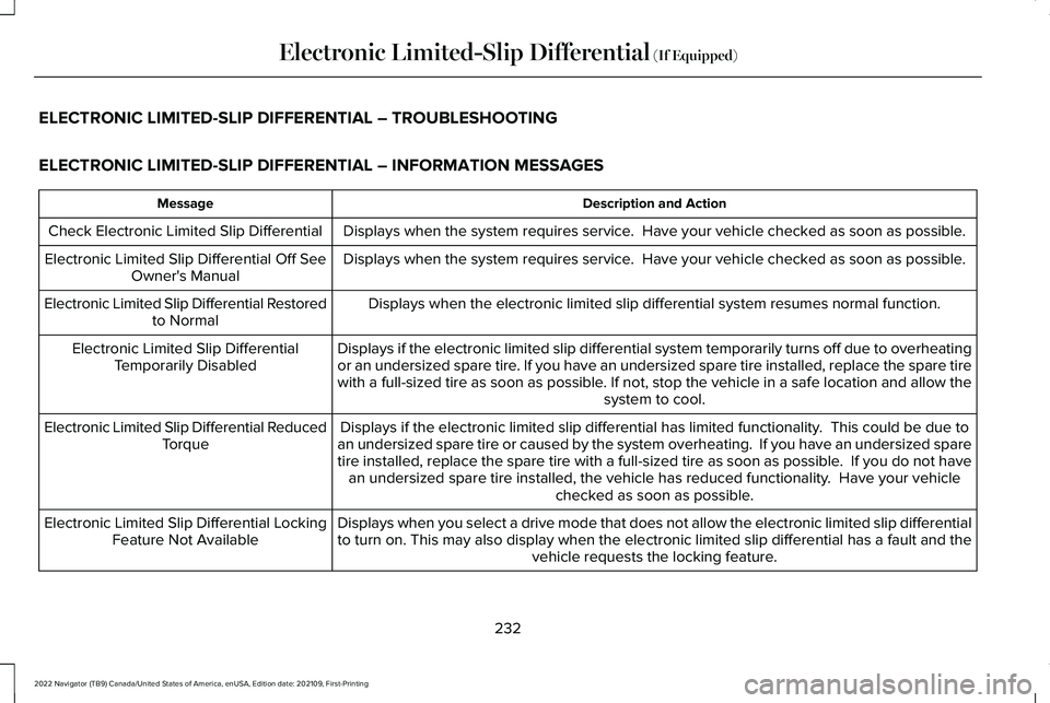 LINCOLN NAVIGATOR 2022 Service Manual ELECTRONIC LIMITED-SLIP DIFFERENTIAL – TROUBLESHOOTING
ELECTRONIC LIMITED-SLIP DIFFERENTIAL – INFORMATION MESSAGES
Description and Action
Message
Displays when the system requires service. Have y LINCOLN NAVIGATOR 2022 Service Manual ELECTRONIC LIMITED-SLIP DIFFERENTIAL – TROUBLESHOOTING
ELECTRONIC LIMITED-SLIP DIFFERENTIAL – INFORMATION MESSAGES
Description and Action
Message
Displays when the system requires service. Have y