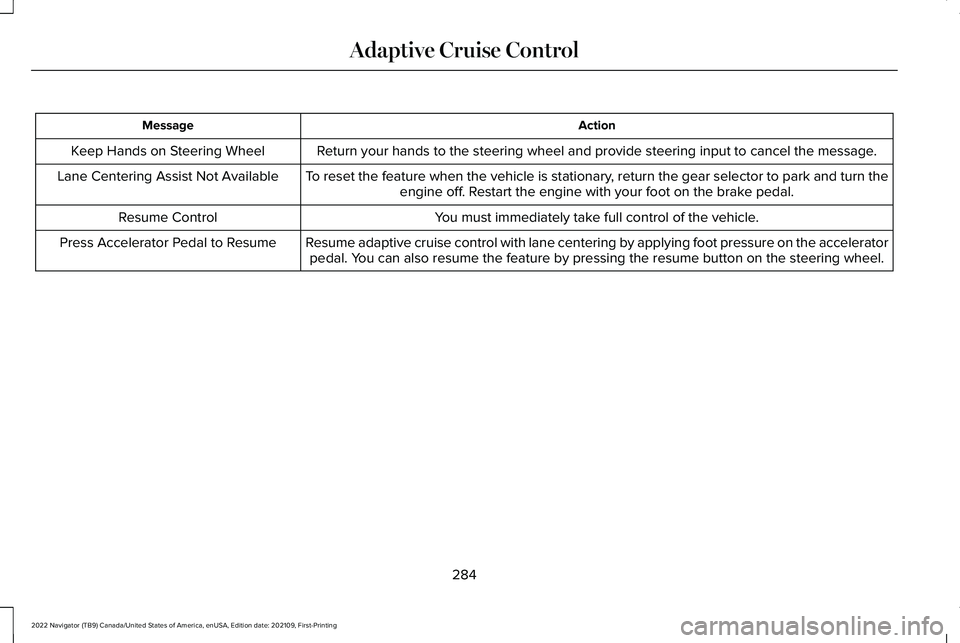 LINCOLN NAVIGATOR 2022 Workshop Manual Action
Message
Return your hands to the steering wheel and provide steering input to can\
cel the message.
Keep Hands on Steering Wheel
To reset the feature when the vehicle is stationary, return the LINCOLN NAVIGATOR 2022 Workshop Manual Action
Message
Return your hands to the steering wheel and provide steering input to can\
cel the message.
Keep Hands on Steering Wheel
To reset the feature when the vehicle is stationary, return the