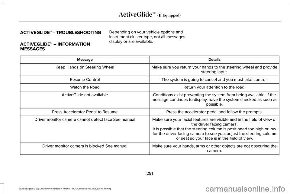 LINCOLN NAVIGATOR 2022 Repair Manual ACTIVEGLIDE™ – TROUBLESHOOTING
ACTIVEGLIDE™ – INFORMATION
MESSAGES
Depending on your vehicle options and
instrument cluster type, not all messages
display or are available. Details
Message
Mak LINCOLN NAVIGATOR 2022 Repair Manual ACTIVEGLIDE™ – TROUBLESHOOTING
ACTIVEGLIDE™ – INFORMATION
MESSAGES
Depending on your vehicle options and
instrument cluster type, not all messages
display or are available. Details
Message
Mak