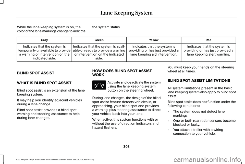 LINCOLN NAVIGATOR 2022 Service Manual While the lane keeping system is on, the
color of the lane markings change to indicate
the system status. Red
Yellow
Green
Gray
Indicates that the system is
providing or has just provided a lane keepi LINCOLN NAVIGATOR 2022 Service Manual While the lane keeping system is on, the
color of the lane markings change to indicate
the system status. Red
Yellow
Green
Gray
Indicates that the system is
providing or has just provided a lane keepi