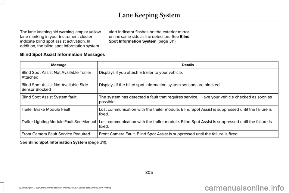 LINCOLN NAVIGATOR 2022 Owners Manual The lane keeping aid warning lamp or yellow
lane marking in your instrument cluster
indicate blind spot assist activation. In
addition, the blind spot information system
alert indicator flashes on the LINCOLN NAVIGATOR 2022 Owners Manual The lane keeping aid warning lamp or yellow
lane marking in your instrument cluster
indicate blind spot assist activation. In
addition, the blind spot information system
alert indicator flashes on the