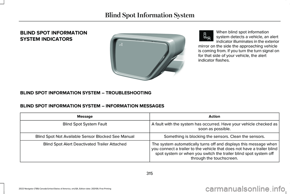 LINCOLN NAVIGATOR 2022 Manual PDF BLIND SPOT INFORMATION
SYSTEM INDICATORS When blind spot information
system detects a vehicle, an alert
indicator illuminates in the exterior
mirror on the side the approaching vehicle
is coming from. LINCOLN NAVIGATOR 2022 Manual PDF BLIND SPOT INFORMATION
SYSTEM INDICATORS When blind spot information
system detects a vehicle, an alert
indicator illuminates in the exterior
mirror on the side the approaching vehicle
is coming from.