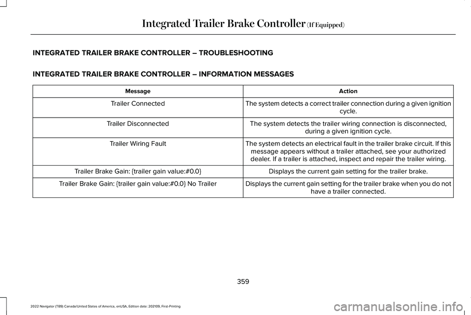 LINCOLN NAVIGATOR 2022 Manual Online INTEGRATED TRAILER BRAKE CONTROLLER – TROUBLESHOOTING
INTEGRATED TRAILER BRAKE CONTROLLER – INFORMATION MESSAGES
Action
Message
The system detects a correct trailer connection during a given ignit LINCOLN NAVIGATOR 2022 Manual Online INTEGRATED TRAILER BRAKE CONTROLLER – TROUBLESHOOTING
INTEGRATED TRAILER BRAKE CONTROLLER – INFORMATION MESSAGES
Action
Message
The system detects a correct trailer connection during a given ignit