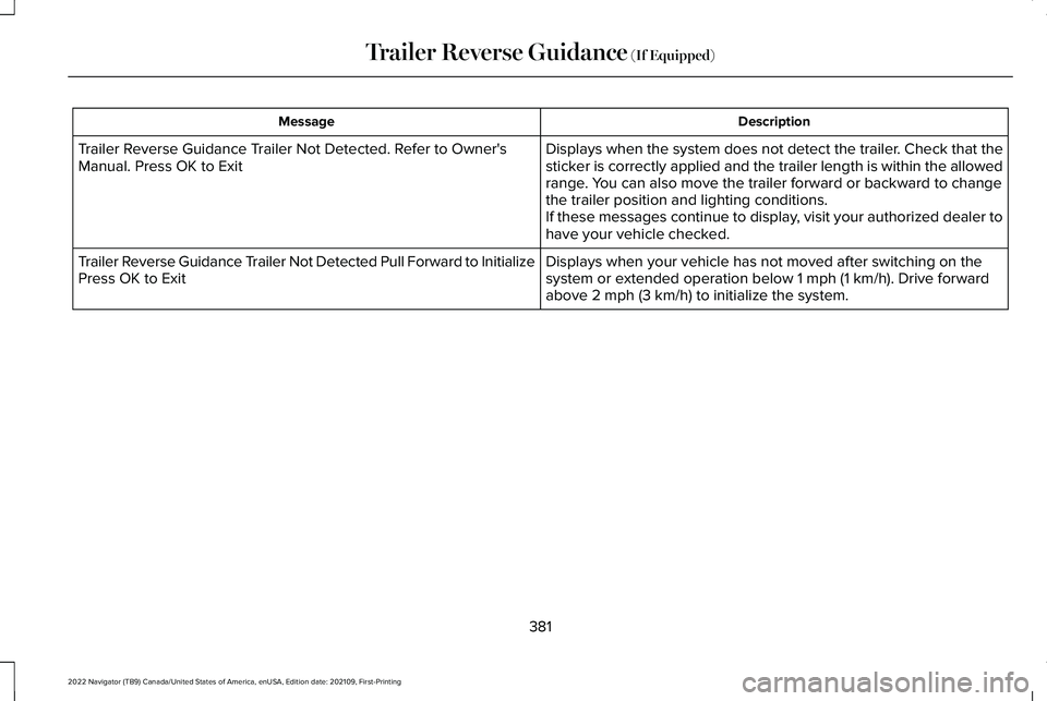 LINCOLN NAVIGATOR 2022 Owners Manual Description
Message
Displays when the system does not detect the trailer. Check that the
sticker is correctly applied and the trailer length is within the allowed
range. You can also move the trailer LINCOLN NAVIGATOR 2022 Owners Manual Description
Message
Displays when the system does not detect the trailer. Check that the
sticker is correctly applied and the trailer length is within the allowed
range. You can also move the trailer