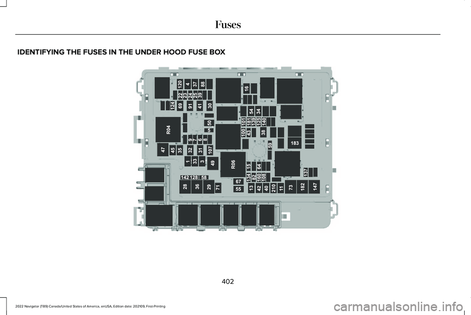 LINCOLN NAVIGATOR 2022 Owners Manual IDENTIFYING THE FUSES IN THE UNDER HOOD FUSE BOX
402
2022 Navigator (TB9) Canada/United States of America, enUSA, Edition date: 202109, First-Printing FusesE352535 LINCOLN NAVIGATOR 2022 Owners Manual IDENTIFYING THE FUSES IN THE UNDER HOOD FUSE BOX
402
2022 Navigator (TB9) Canada/United States of America, enUSA, Edition date: 202109, First-Printing FusesE352535