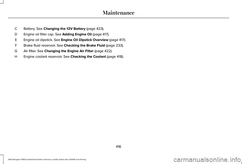 LINCOLN NAVIGATOR 2022  Owners Manual Battery. See Changing the 12V Battery (page 423).
C
Engine oil filler cap.
 See Adding Engine Oil (page 417).
D
Engine oil dipstick.
 See Engine Oil Dipstick Overview (page 417).
E
Brake fluid reservo