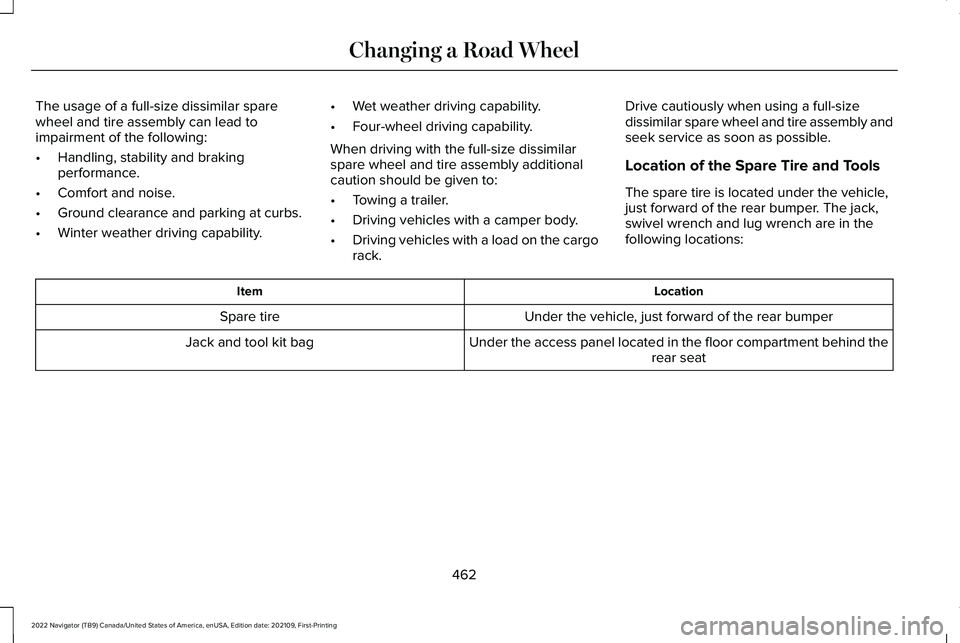 LINCOLN NAVIGATOR 2022 Manual Online The usage of a full-size dissimilar spare
wheel and tire assembly can lead to
impairment of the following:
•
Handling, stability and braking
performance.
• Comfort and noise.
• Ground clearance 