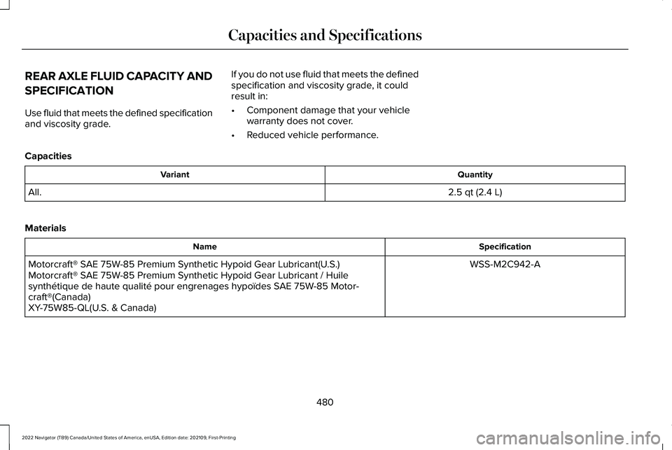 LINCOLN NAVIGATOR 2022  Owners Manual REAR AXLE FLUID CAPACITY AND
SPECIFICATION
Use fluid that meets the defined specification
and viscosity grade.
If you do not use fluid that meets the defined
specification and viscosity grade, it coul