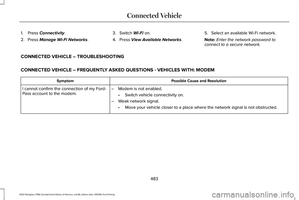 LINCOLN NAVIGATOR 2022  Owners Manual 1. Press Connectivity.
2. Press 
Manage Wi-Fi Networks. 3. Switch 
Wi-Fi on.
4. Press 
View Available Networks. 5. Select an available Wi-Fi network.
Note:
Enter the network password to
connect to a s