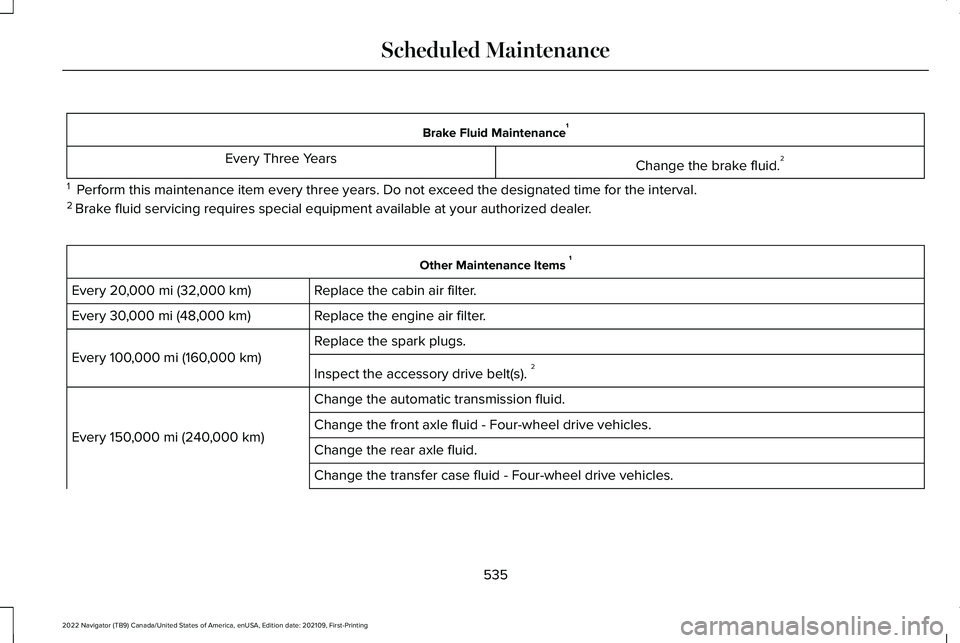 LINCOLN NAVIGATOR 2022  Owners Manual Brake Fluid Maintenance
1
Change the brake fluid. 2
Every Three Years
1   Perform this maintenance item every three years. Do not exceed the designated time for the interval.
2  Brake fluid servicing 