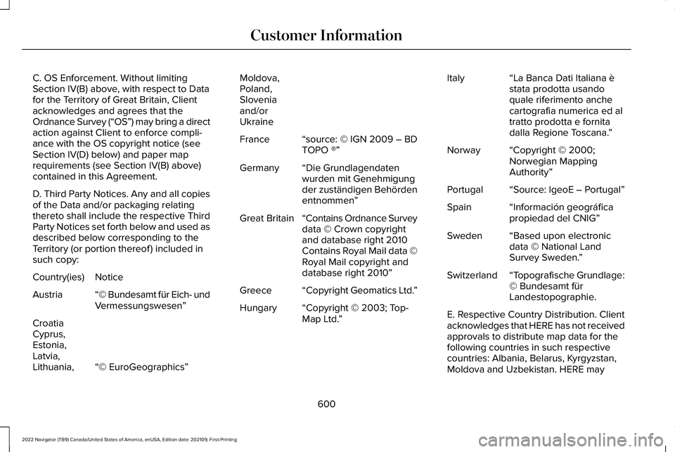 LINCOLN NAVIGATOR 2022 Manual Online C. OS Enforcement. Without limiting
Section IV(B) above, with respect to Data
for the Territory of Great Britain, Client
acknowledges and agrees that the
Ordnance Survey (“
OS”) may bring a direct LINCOLN NAVIGATOR 2022 Manual Online C. OS Enforcement. Without limiting
Section IV(B) above, with respect to Data
for the Territory of Great Britain, Client
acknowledges and agrees that the
Ordnance Survey (“
OS”) may bring a direct