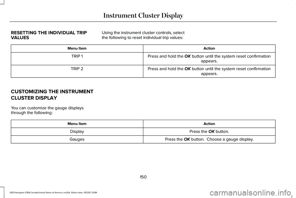 LINCOLN NAVIGATOR 2023 User Guide RESETTING THE INDIVIDUAL TRIPVALUES
Using the instrument cluster controls, selectthe following to reset individual trip values:
ActionMenu Item
Press and hold the OK button until the system reset conf LINCOLN NAVIGATOR 2023 User Guide RESETTING THE INDIVIDUAL TRIPVALUES
Using the instrument cluster controls, selectthe following to reset individual trip values:
ActionMenu Item
Press and hold the OK button until the system reset conf
