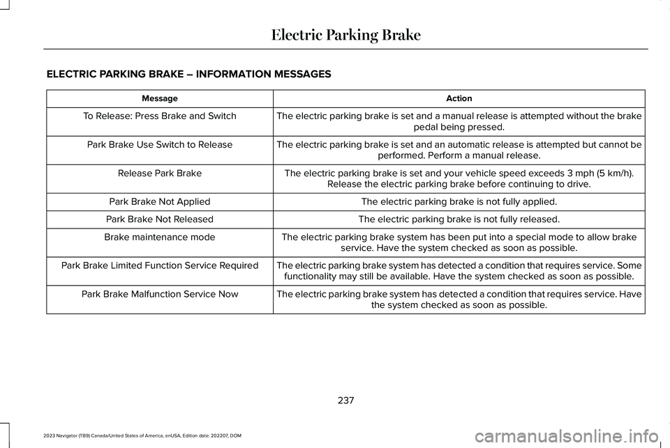 LINCOLN NAVIGATOR 2023 Owners Manual ELECTRIC PARKING BRAKE – INFORMATION MESSAGES
ActionMessage
The electric parking brake is set and a manual release is attempted without the brakepedal being pressed.To Release: Press Brake and Switc LINCOLN NAVIGATOR 2023 Owners Manual ELECTRIC PARKING BRAKE – INFORMATION MESSAGES
ActionMessage
The electric parking brake is set and a manual release is attempted without the brakepedal being pressed.To Release: Press Brake and Switc