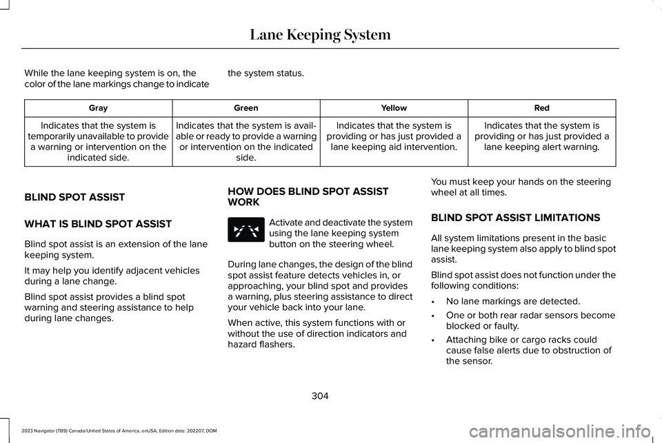 LINCOLN NAVIGATOR 2023 Service Manual While the lane keeping system is on, thecolor of the lane markings change to indicatethe system status.
RedYellowGreenGray
Indicates that the system isproviding or has just provided alane keeping aler