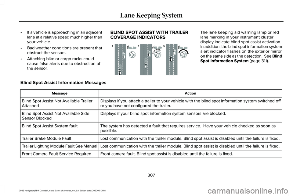LINCOLN NAVIGATOR 2023  Owners Manual •If a vehicle is approaching in an adjacentlane at a relative speed much higher thanyour vehicle.
•Bad weather conditions are present thatobstruct the sensors.
•Attaching bike or cargo racks cou