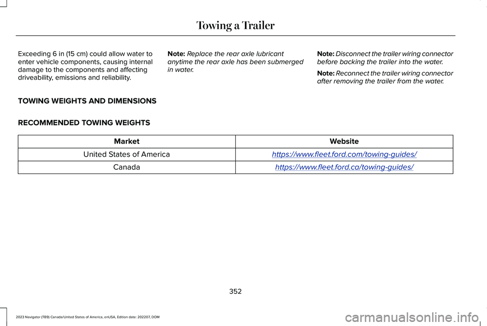 LINCOLN NAVIGATOR 2023 Owners Manual Exceeding 6 in (15 cm) could allow water toenter vehicle components, causing internaldamage to the components and affectingdriveability, emissions and reliability.
Note:Replace the rear axle lubricant LINCOLN NAVIGATOR 2023 Owners Manual Exceeding 6 in (15 cm) could allow water toenter vehicle components, causing internaldamage to the components and affectingdriveability, emissions and reliability.
Note:Replace the rear axle lubricant