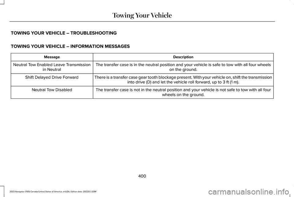 LINCOLN NAVIGATOR 2023 Manual PDF TOWING YOUR VEHICLE – TROUBLESHOOTING
TOWING YOUR VEHICLE – INFORMATION MESSAGES
DescriptionMessage
The transfer case is in the neutral position and your vehicle is safe to tow with all four wheel LINCOLN NAVIGATOR 2023 Manual PDF TOWING YOUR VEHICLE – TROUBLESHOOTING
TOWING YOUR VEHICLE – INFORMATION MESSAGES
DescriptionMessage
The transfer case is in the neutral position and your vehicle is safe to tow with all four wheel