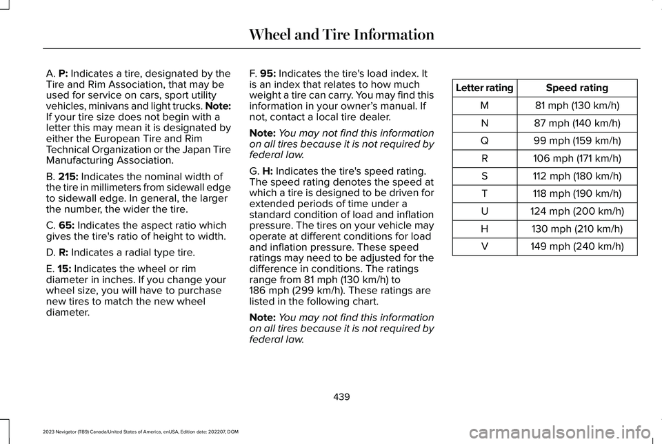LINCOLN NAVIGATOR 2023  Owners Manual A. P: Indicates a tire, designated by theTire and Rim Association, that may beused for service on cars, sport utilityvehicles, minivans and light trucks. Note:If your tire size does not begin with ale