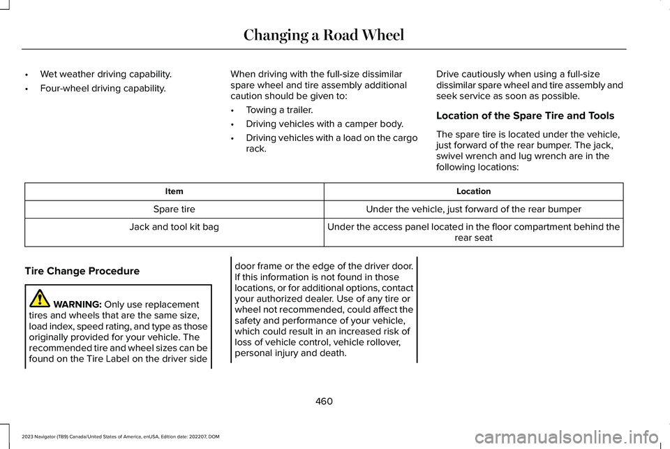 LINCOLN NAVIGATOR 2023  Owners Manual •Wet weather driving capability.
•Four-wheel driving capability.
When driving with the full-size dissimilarspare wheel and tire assembly additionalcaution should be given to:
•Towing a trailer.
