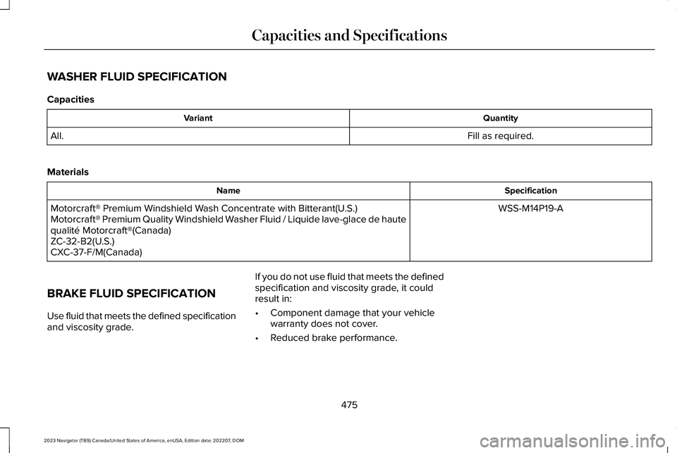 LINCOLN NAVIGATOR 2023  Owners Manual WASHER FLUID SPECIFICATION
Capacities
QuantityVariant
Fill as required.All.
Materials
SpecificationName
WSS-M14P19-AMotorcraft® Premium Windshield Wash Concentrate with Bitterant(U.S.)Motorcraft® Pr