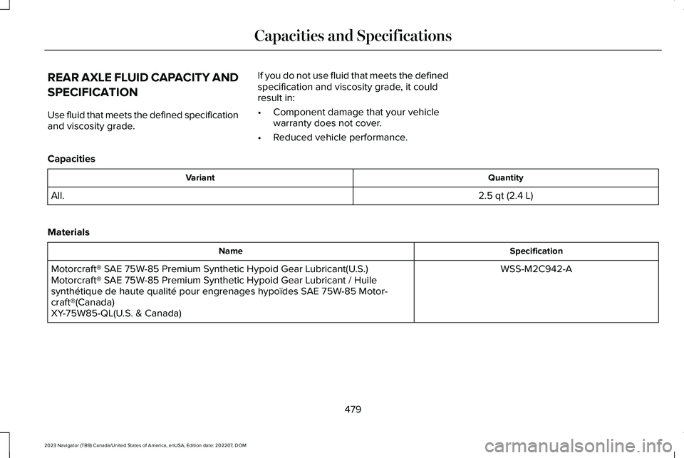 LINCOLN NAVIGATOR 2023  Owners Manual REAR AXLE FLUID CAPACITY AND
SPECIFICATION
Use fluid that meets the defined specificationand viscosity grade.
If you do not use fluid that meets the definedspecification and viscosity grade, it couldr