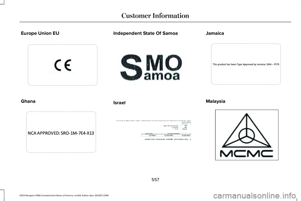 LINCOLN NAVIGATOR 2023  Owners Manual Europe Union EU
Ghana
Independent State Of Samoa
Israel
Jamaica
Malaysia
557
2023 Navigator (TB9) Canada/United States of America, enUSA, Edition date: 202207, DOMCustomer InformationE310043  E344040 