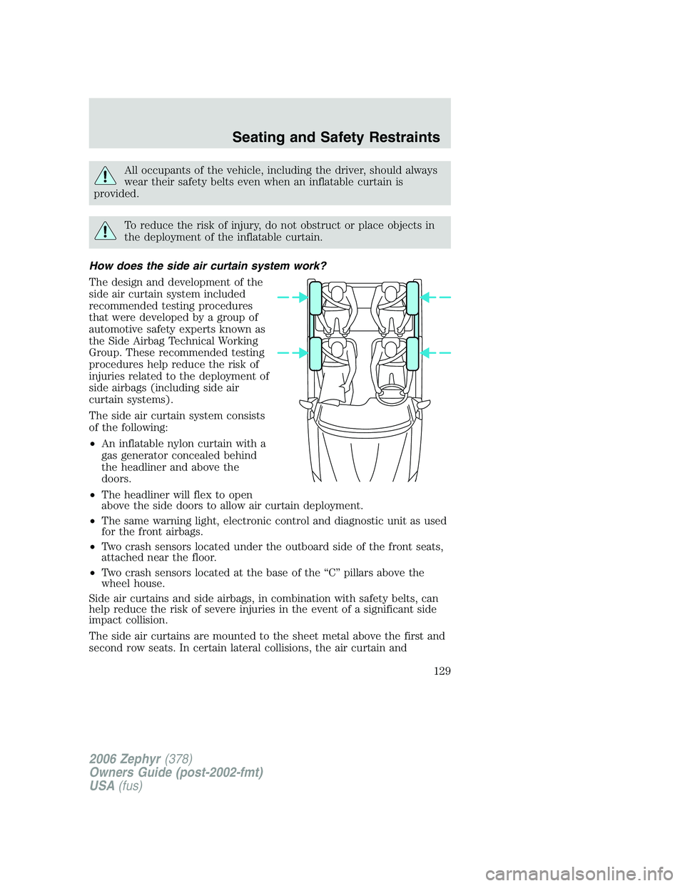 LINCOLN ZEPHYR 2006 User Guide All occupants of the vehicle, including the driver, should always
wear their safety belts even when an inflatable curtain is
provided.
To reduce the risk of injury, do not obstruct or place objects in