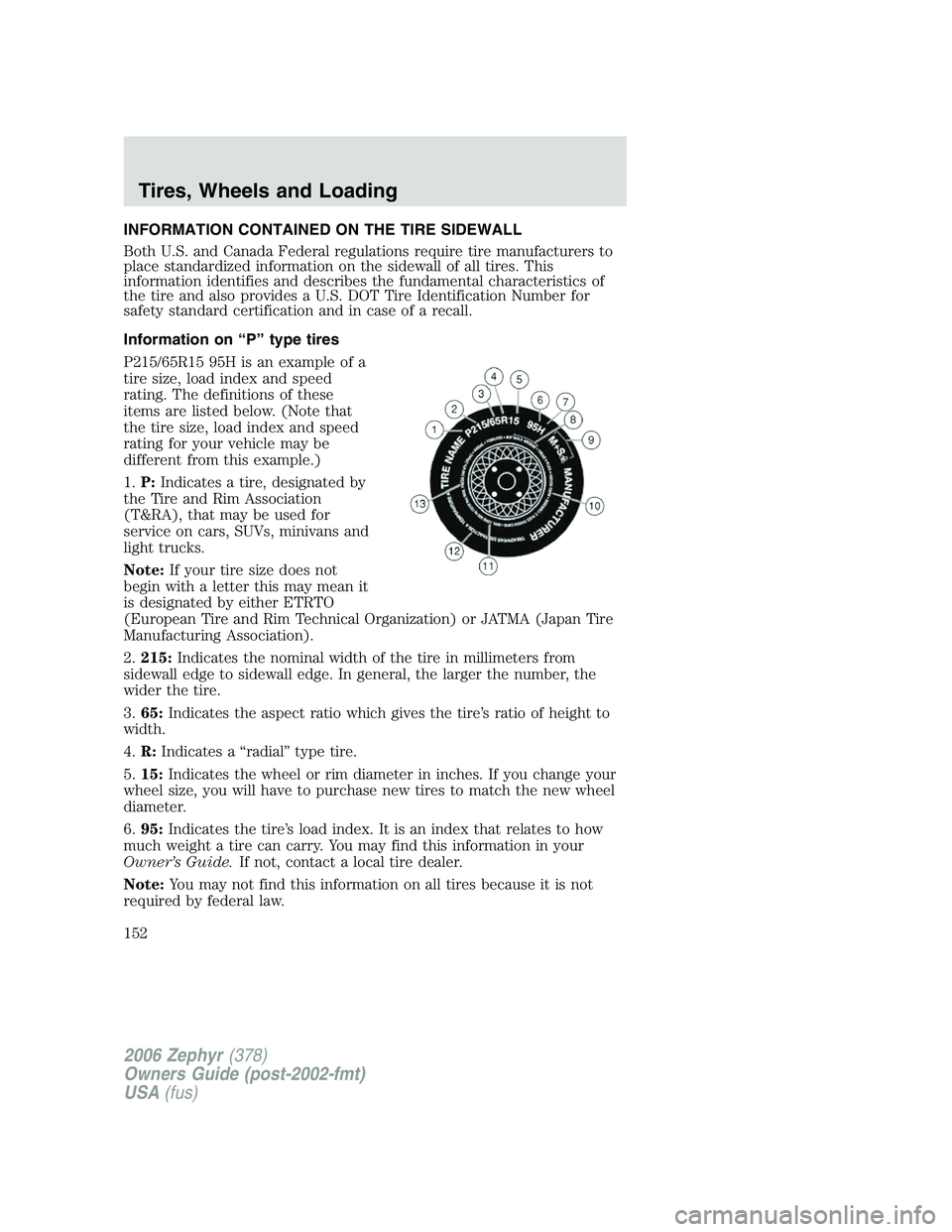 LINCOLN ZEPHYR 2006  Owners Manual INFORMATION CONTAINED ON THE TIRE SIDEWALL
Both U.S. and Canada Federal regulations require tire manufacturers to
place standardized information on the sidewall of all tires. This
information identifi