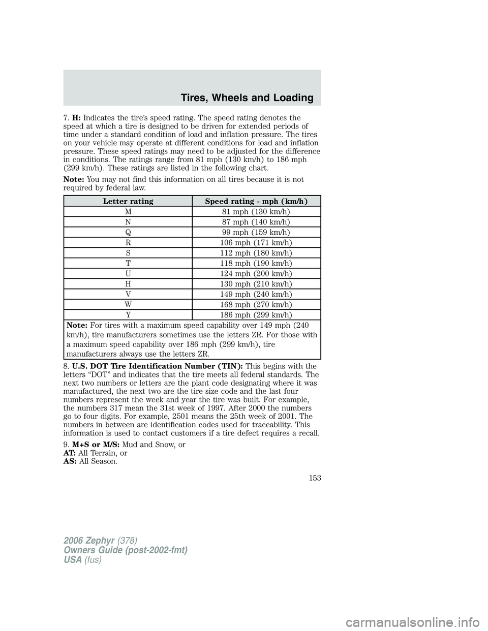LINCOLN ZEPHYR 2006  Owners Manual 7. H: Indicates the tire’s speed rating. The speed rating denotes the
speed at which a tire is designed to be driven for extended periods of
time under a standard condition of load and inflation pre