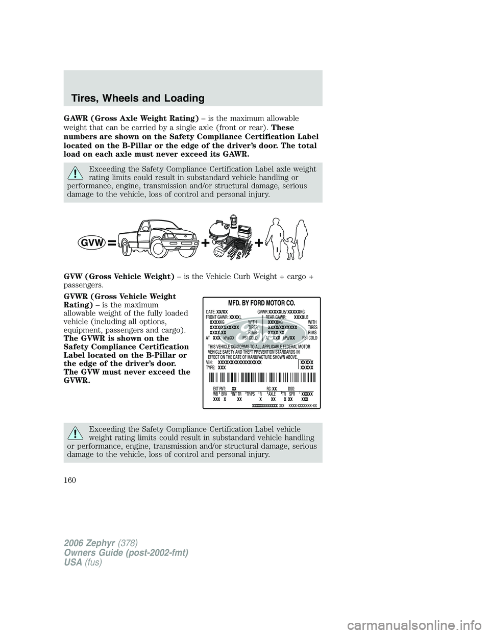 LINCOLN ZEPHYR 2006  Owners Manual GAWR (Gross Axle Weight Rating) – is the maximum allowable
weight that can be carried by a single axle (front or rear). These
numbers are shown on the Safety Compliance Certification Label
located o
