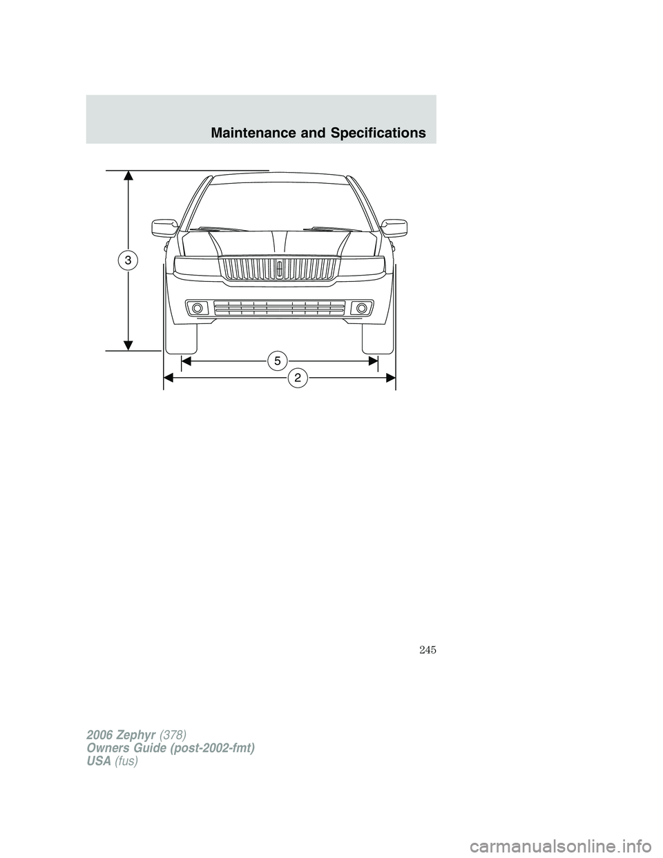 LINCOLN ZEPHYR 2006  Owners Manual 5
23
2006 Zephyr (378)
Owners Guide (post-2002-fmt)
USA (fus) Maintenance and Specifications
245 