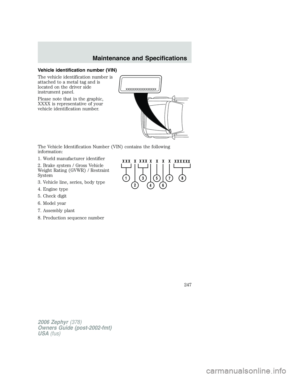 LINCOLN ZEPHYR 2006  Owners Manual Vehicle identification number (VIN)
The vehicle identification number is
attached to a metal tag and is
located on the driver side
instrument panel.
Please note that in the graphic,
XXXX is representa