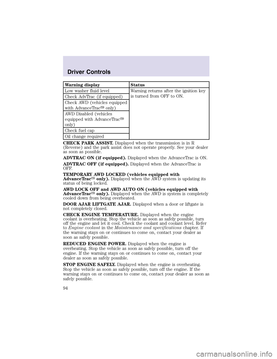 LINCOLN AVIATOR 2003  Owners Manual Warning display Status
Low washer fluid level Warning returns after the ignition key
is turned from OFF to ON.
Check AdvTrac (if equipped)
Check AWD (vehicles equipped
with AdvanceTraconly)
AWD Disab