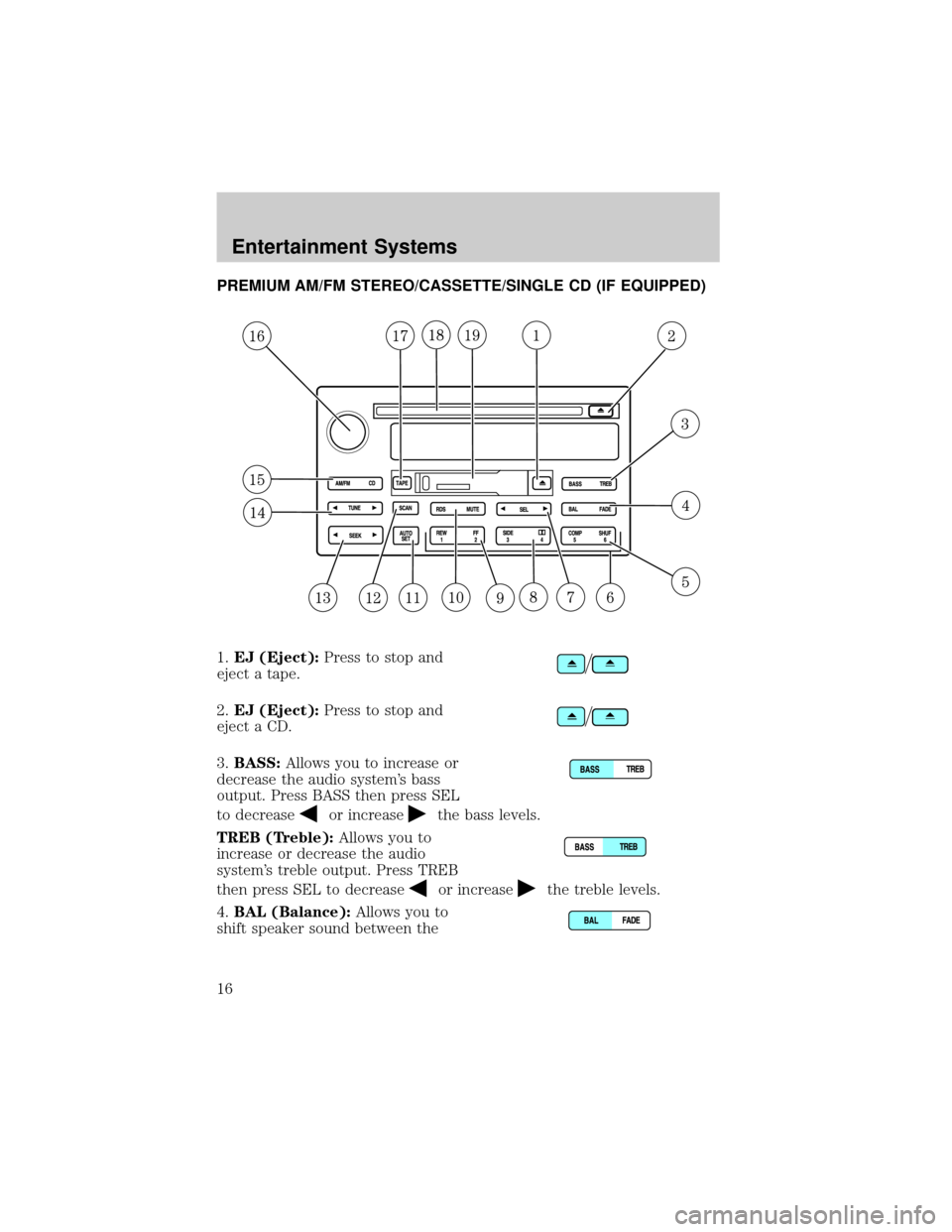 LINCOLN AVIATOR 2004  Owners Manual PREMIUM AM/FM STEREO/CASSETTE/SINGLE CD (IF EQUIPPED)
1.EJ (Eject):Press to stop and
eject a tape.
2.EJ (Eject):Press to stop and
eject a CD.
3.BASS:Allows you to increase or
decrease the audio system