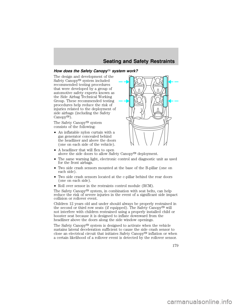 LINCOLN AVIATOR 2004  Owners Manual How does the Safety CanopyYsystem work?
The design and development of the
Safety Canopyysystem included
recommended testing procedures
that were developed by a group of
automotive safety experts known