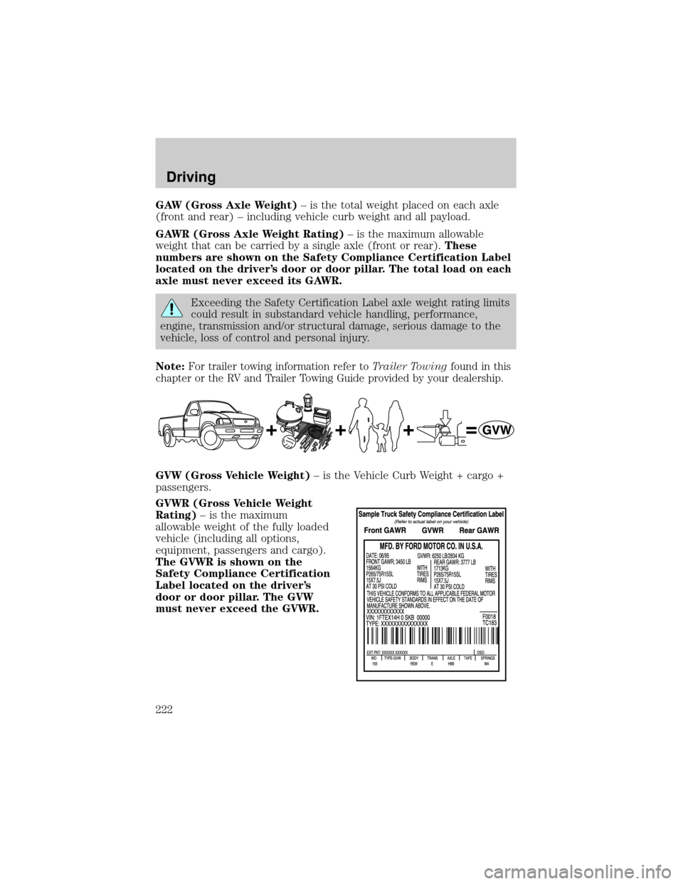 LINCOLN AVIATOR 2004 Owners Guide GAW (Gross Axle Weight)± is the total weight placed on each axle
(front and rear) ± including vehicle curb weight and all payload.
GAWR (Gross Axle Weight Rating)± is the maximum allowable
weight t LINCOLN AVIATOR 2004 Owners Guide GAW (Gross Axle Weight)± is the total weight placed on each axle
(front and rear) ± including vehicle curb weight and all payload.
GAWR (Gross Axle Weight Rating)± is the maximum allowable
weight t
