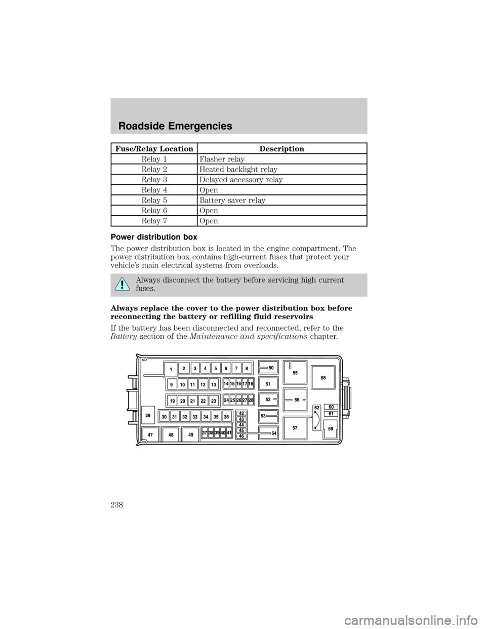 LINCOLN AVIATOR 2004  Owners Manual Fuse/Relay Location Description
Relay 1 Flasher relay
Relay 2 Heated backlight relay
Relay 3 Delayed accessory relay
Relay 4 Open
Relay 5 Battery saver relay
Relay 6 Open
Relay 7 Open
Power distributi