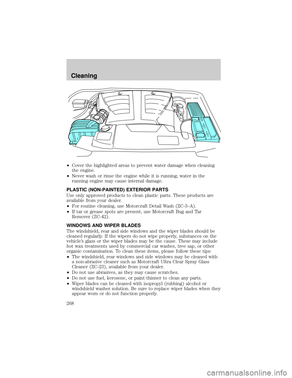 LINCOLN AVIATOR 2004  Owners Manual ²Cover the highlighted areas to prevent water damage when cleaning
the engine.
²Never wash or rinse the engine while it is running; water in the
running engine may cause internal damage.
PLASTIC (NO