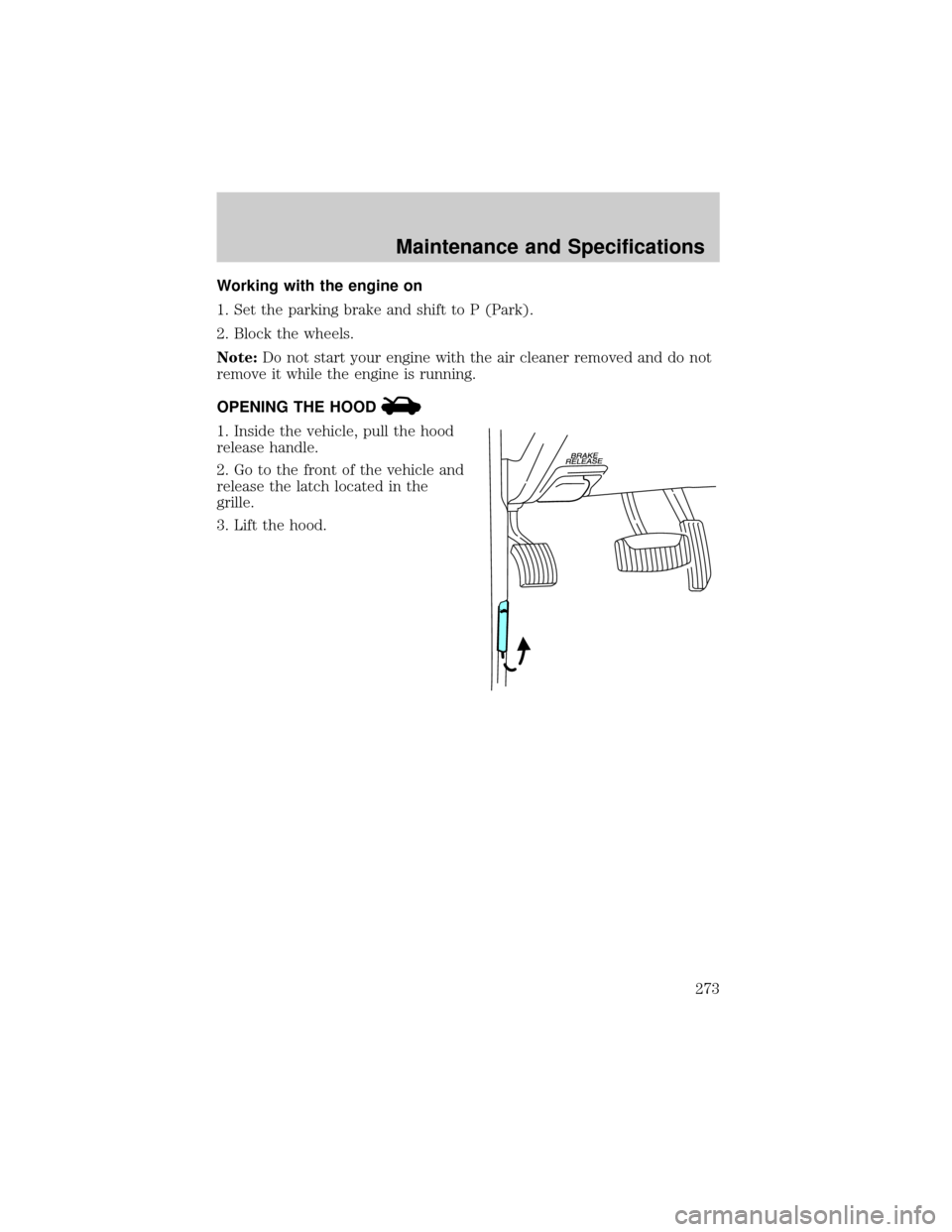 LINCOLN AVIATOR 2004  Owners Manual Working with the engine on
1. Set the parking brake and shift to P (Park).
2. Block the wheels.
Note:Do not start your engine with the air cleaner removed and do not
remove it while the engine is runn