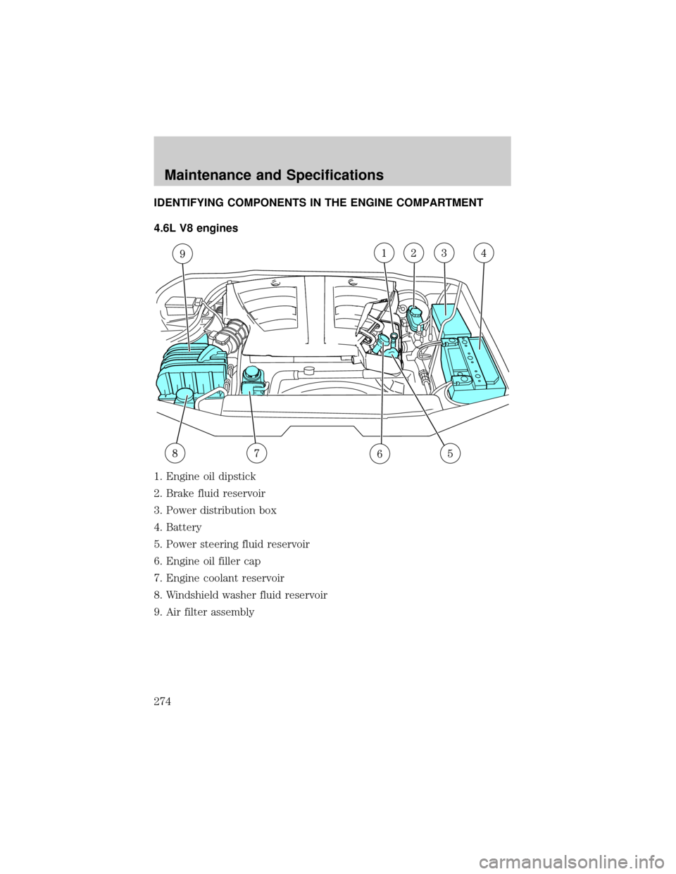 LINCOLN AVIATOR 2004  Owners Manual IDENTIFYING COMPONENTS IN THE ENGINE COMPARTMENT
4.6L V8 engines
1. Engine oil dipstick
2. Brake fluid reservoir
3. Power distribution box
4. Battery
5. Power steering fluid reservoir
6. Engine oil fi