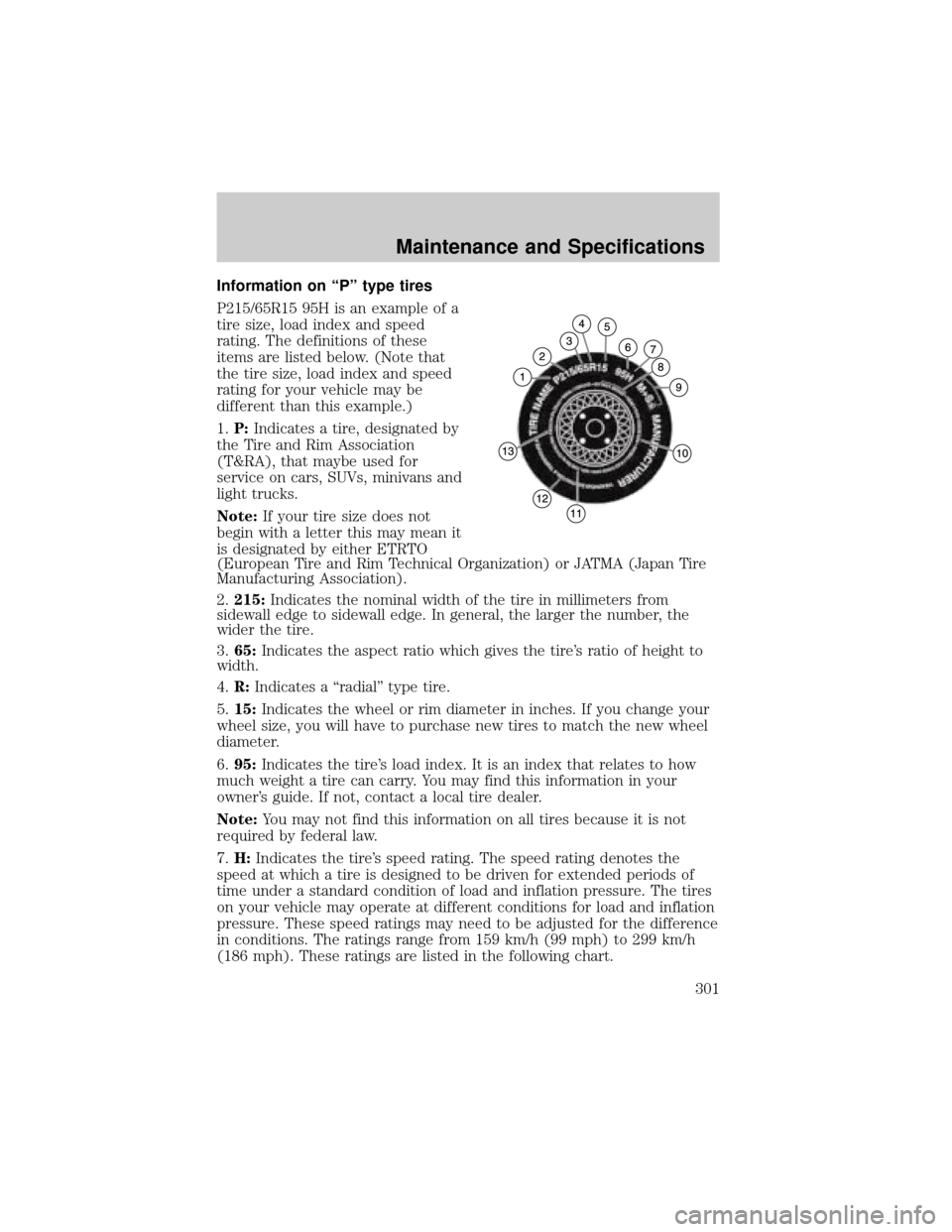 LINCOLN AVIATOR 2004 User Guide Information on ªPº type tires
P215/65R15 95H is an example of a
tire size, load index and speed
rating. The definitions of these
items are listed below. (Note that
the tire size, load index and spee
