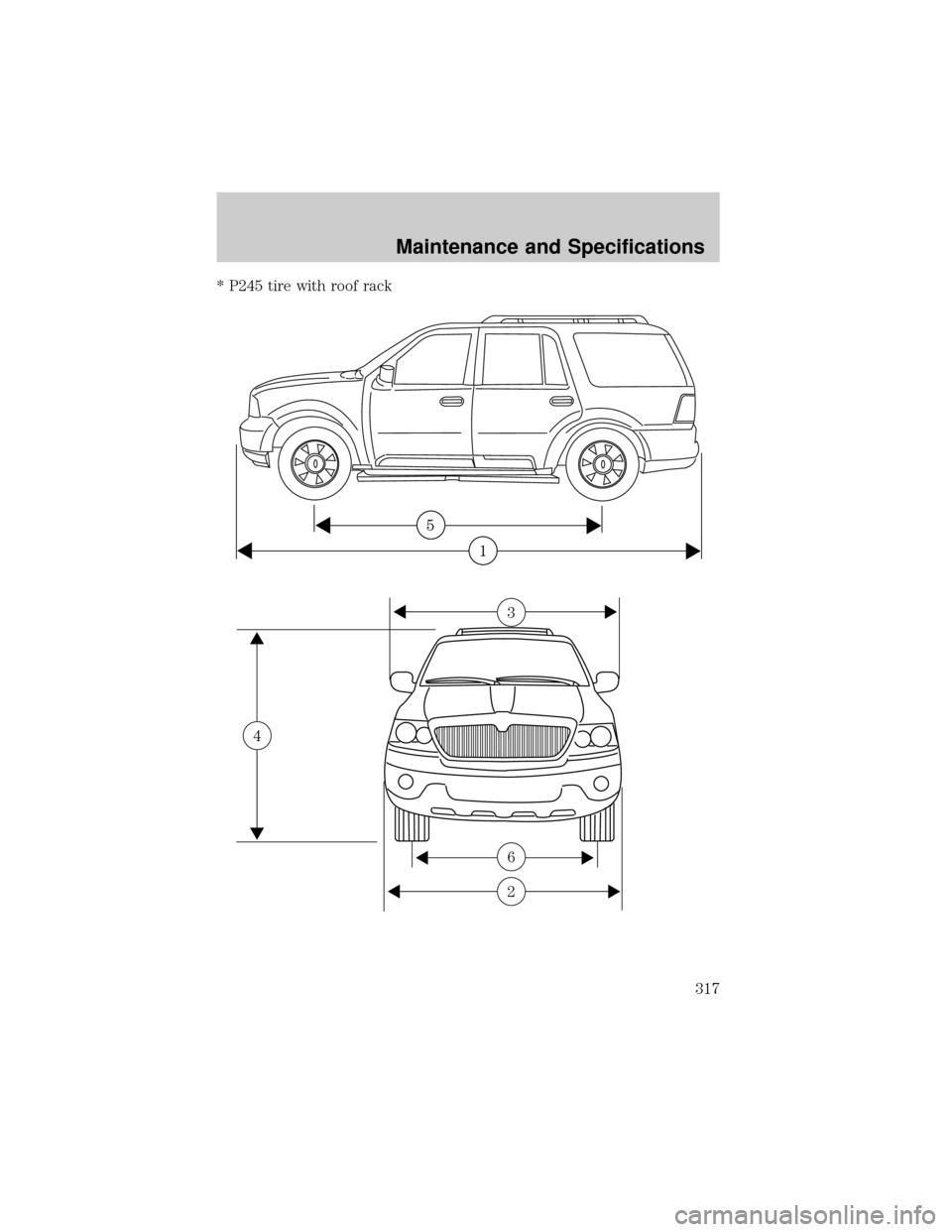 LINCOLN AVIATOR 2004 Owners Manual * P245 tire with roof rack
2
6
3
4
Maintenance and Specifications
317 LINCOLN AVIATOR 2004 Owners Manual * P245 tire with roof rack
2
6
3
4
Maintenance and Specifications
317