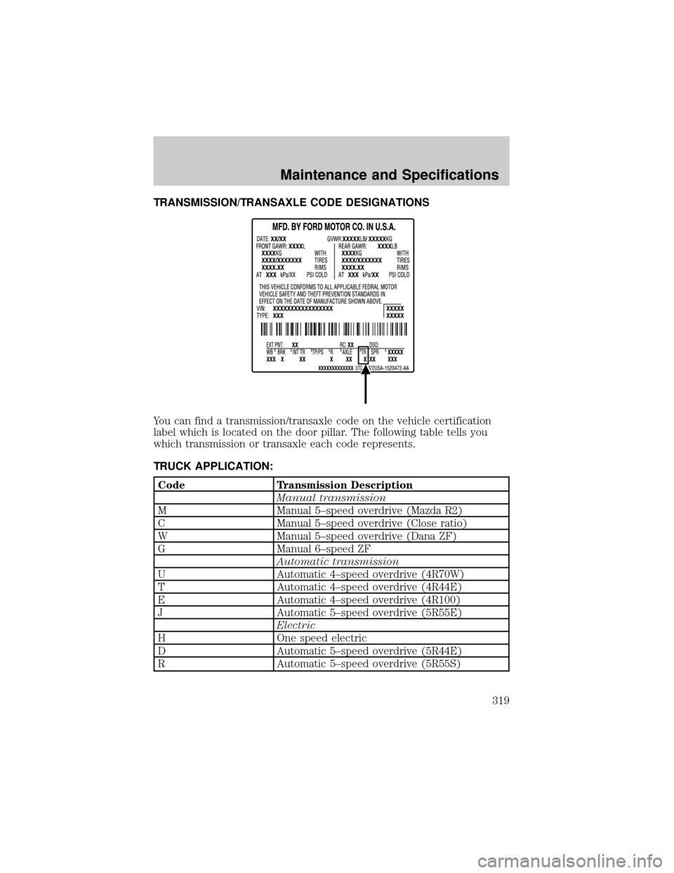 LINCOLN AVIATOR 2004  Owners Manual TRANSMISSION/TRANSAXLE CODE DESIGNATIONS
You can find a transmission/transaxle code on the vehicle certification
label which is located on the door pillar. The following table tells you
which transmis