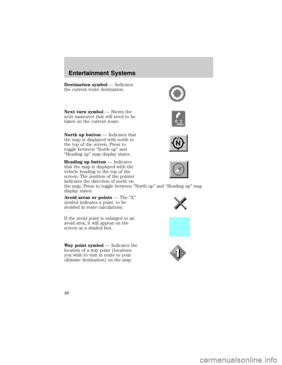 LINCOLN AVIATOR 2004 Service Manual Destination symbolÐ Indicates
the current route destination.
Next turn symbolÐ Shows the
next maneuver that will need to be
taken on the current route.
North up buttonÐ Indicates that
the map is di