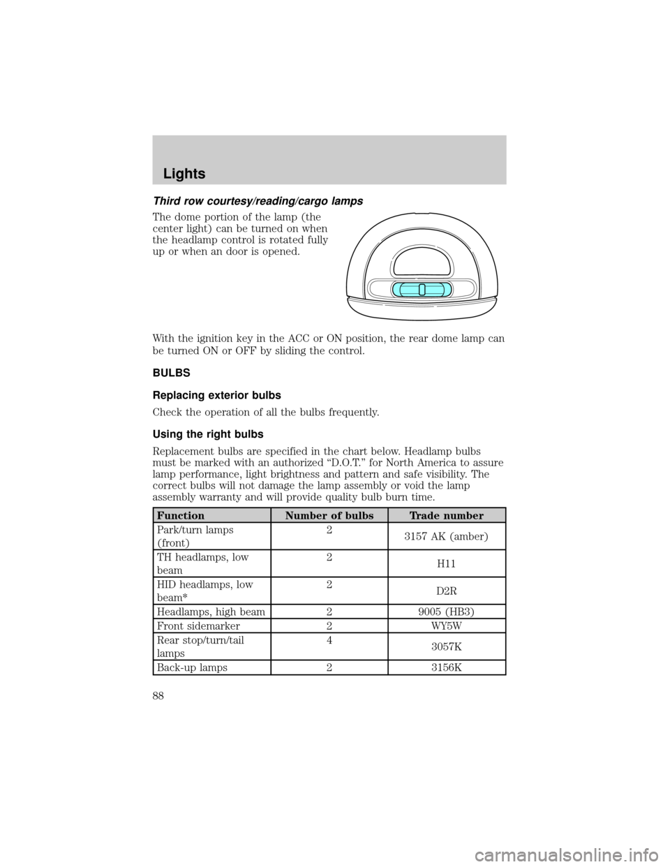 LINCOLN AVIATOR 2004  Owners Manual Third row courtesy/reading/cargo lamps
The dome portion of the lamp (the
center light) can be turned on when
the headlamp control is rotated fully
up or when an door is opened.
With the ignition key i