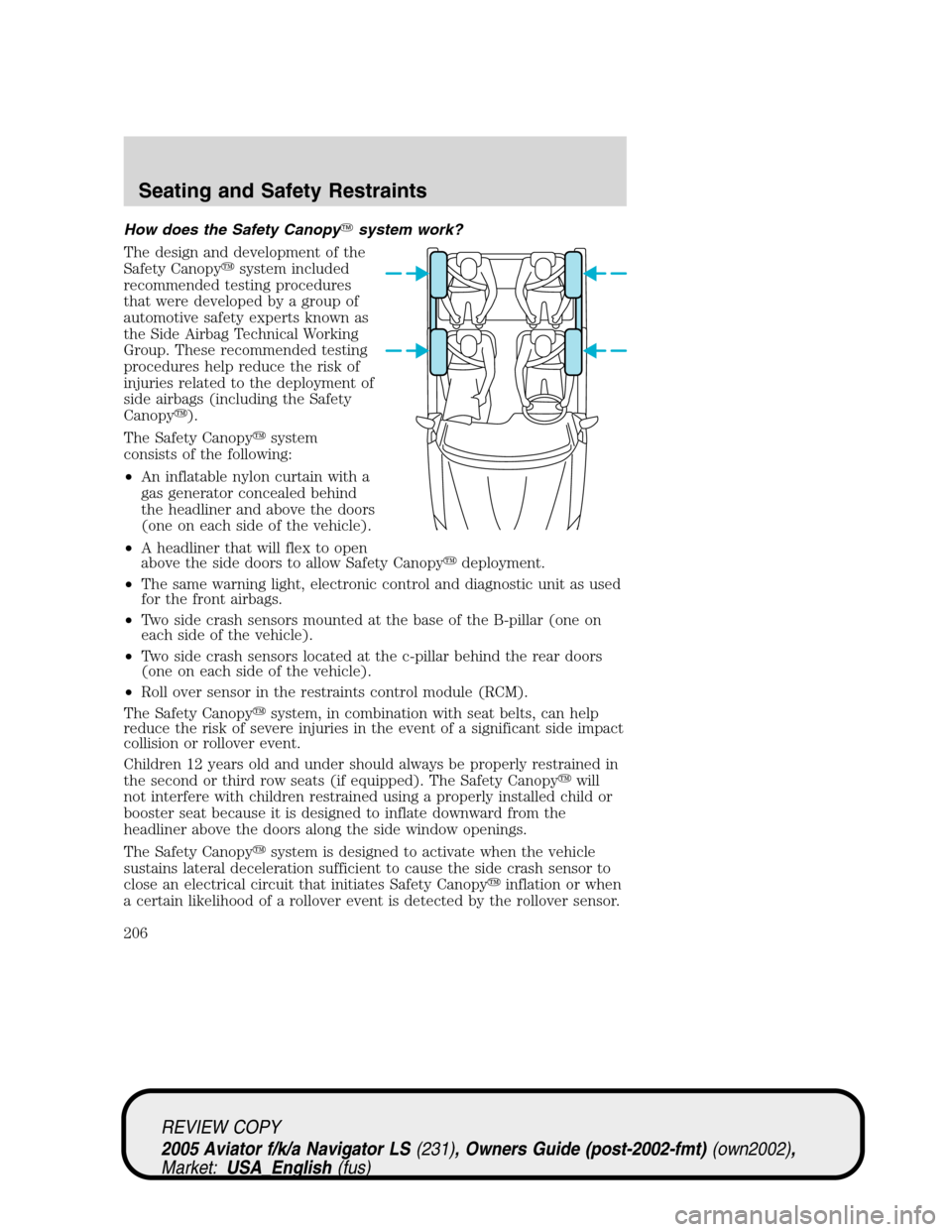 LINCOLN AVIATOR 2005 User Guide How does the Safety Canopysystem work?
The design and development of the
Safety Canopysystem included
recommended testing procedures
that were developed by a group of
automotive safety experts known