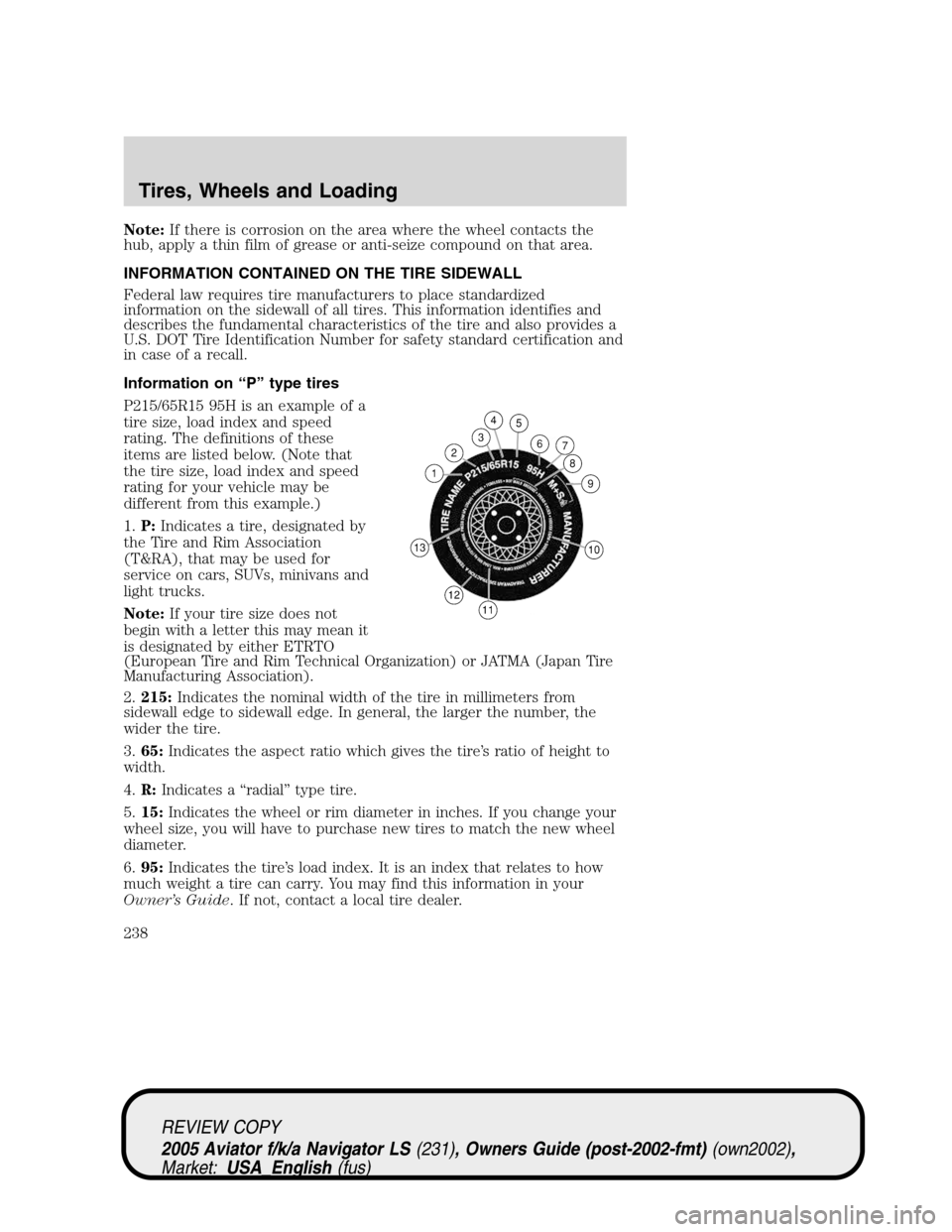 LINCOLN AVIATOR 2005 Owners Manual Note:If there is corrosion on the area where the wheel contacts the
hub, apply a thin film of grease or anti-seize compound on that area.
INFORMATION CONTAINED ON THE TIRE SIDEWALL
Federal law require LINCOLN AVIATOR 2005 Owners Manual Note:If there is corrosion on the area where the wheel contacts the
hub, apply a thin film of grease or anti-seize compound on that area.
INFORMATION CONTAINED ON THE TIRE SIDEWALL
Federal law require
