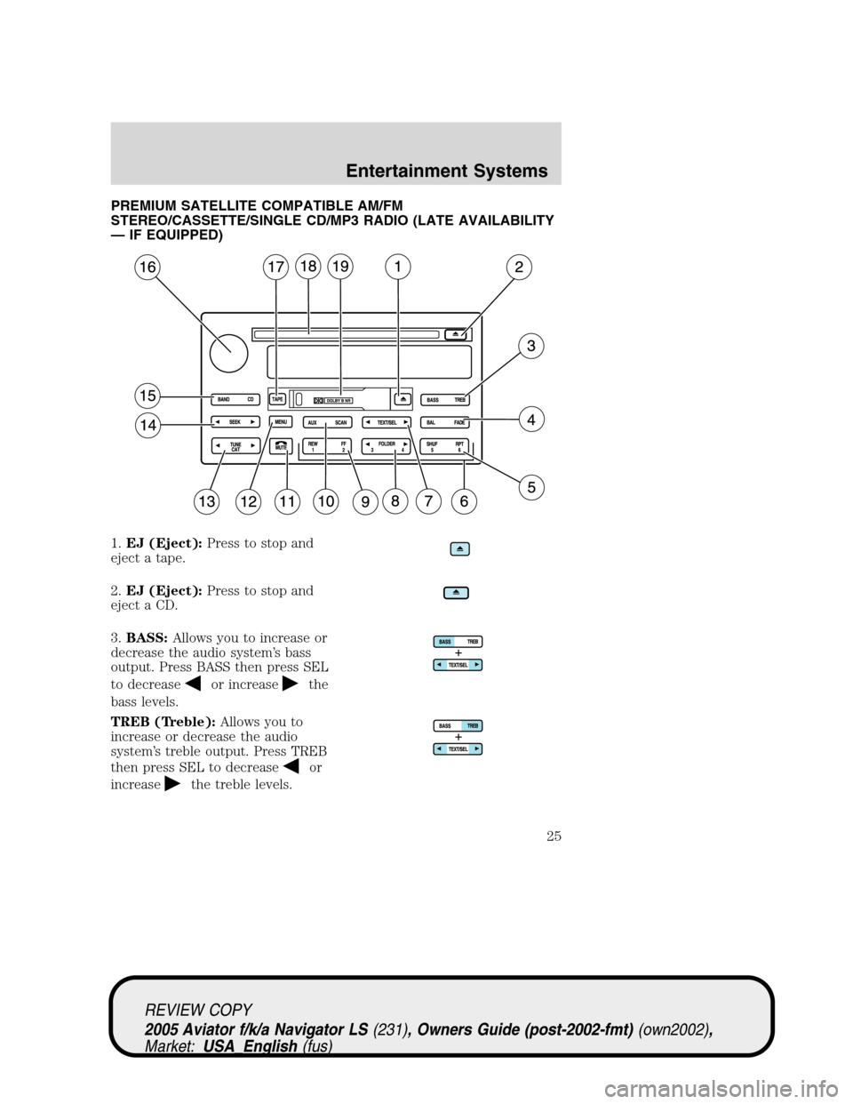 LINCOLN AVIATOR 2005 Owners Manual PREMIUM SATELLITE COMPATIBLE AM/FM
STEREO/CASSETTE/SINGLE CD/MP3 RADIO (LATE AVAILABILITY
— IF EQUIPPED)
1.EJ (Eject):Press to stop and
eject a tape.
2.EJ (Eject):Press to stop and
eject a CD.
3.BAS