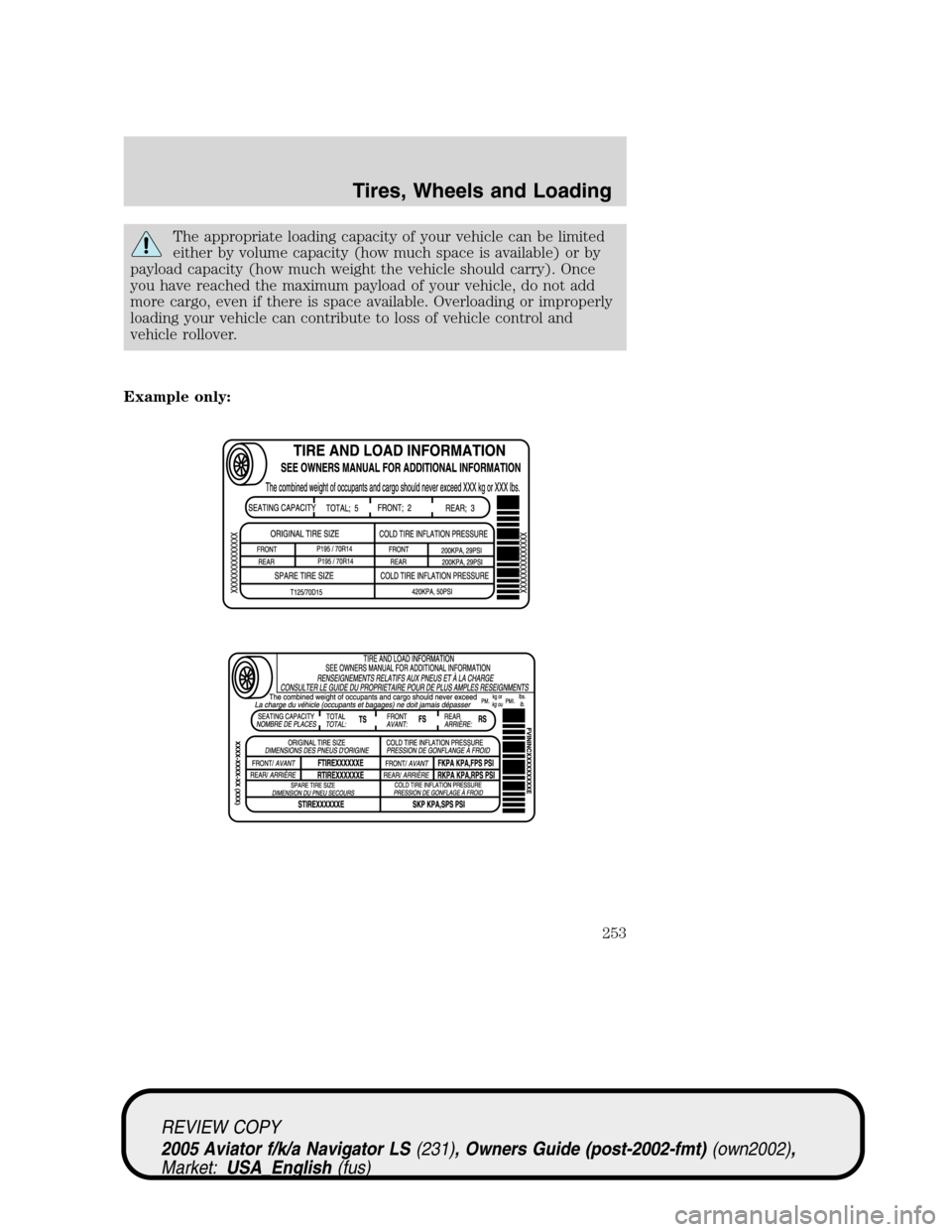 LINCOLN AVIATOR 2005  Owners Manual The appropriate loading capacity of your vehicle can be limited
either by volume capacity (how much space is available) or by
payload capacity (how much weight the vehicle should carry). Once
you have