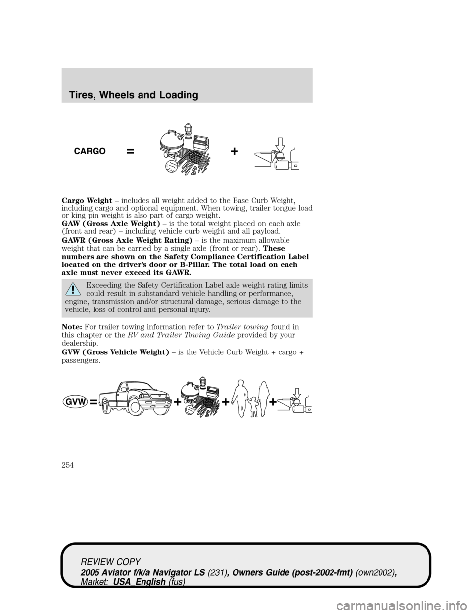 LINCOLN AVIATOR 2005 Owners Manual Cargo Weight–includes all weight added to the Base Curb Weight,
including cargo and optional equipment. When towing, trailer tongue load
or king pin weight is also part of cargo weight.
GAW (Gross A LINCOLN AVIATOR 2005 Owners Manual Cargo Weight–includes all weight added to the Base Curb Weight,
including cargo and optional equipment. When towing, trailer tongue load
or king pin weight is also part of cargo weight.
GAW (Gross A